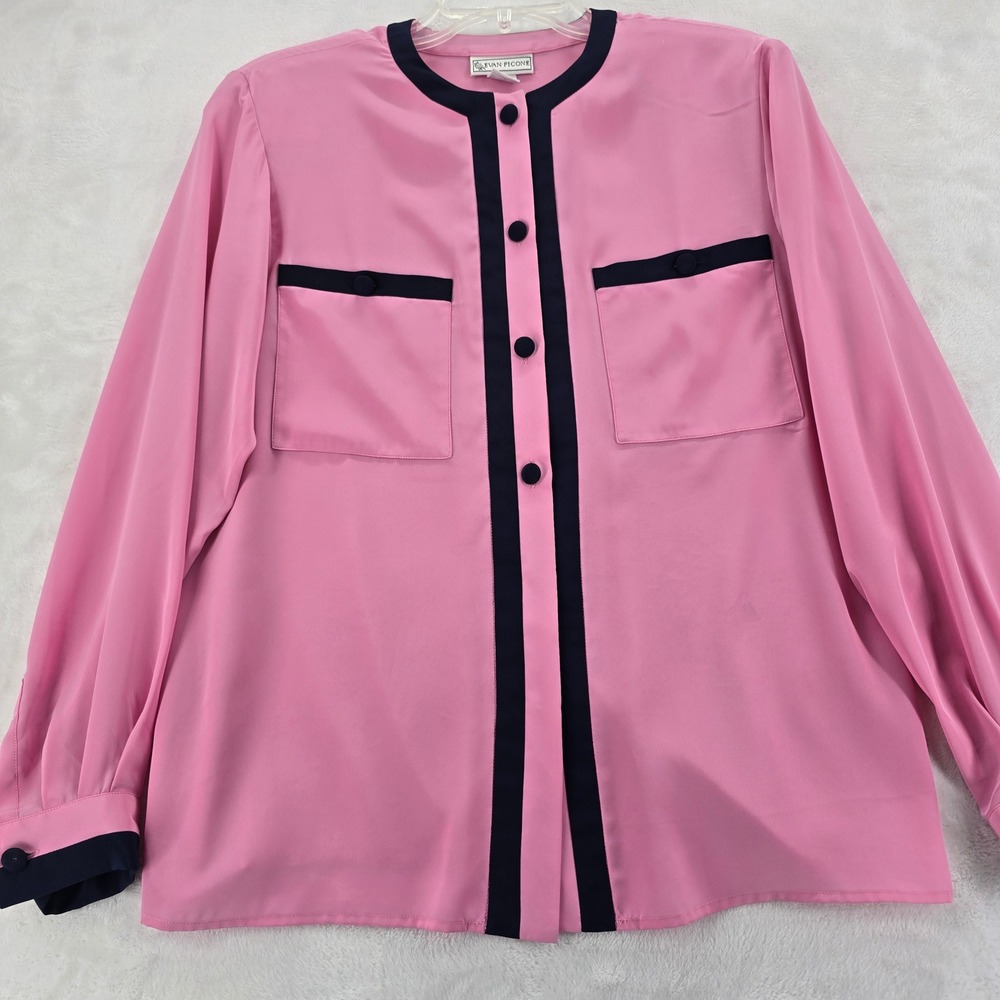 Evan Picone Blouse Womens 10 Button Front Pink Navy Blue Contrast Trim Pocket - Picture 1 of 6